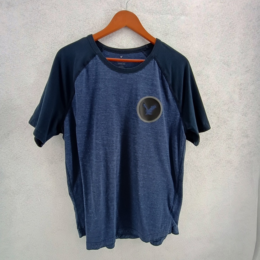 American Eagle Mens Large L Blue Raglan Short Sleeve Active Flex T Shirt Graphic